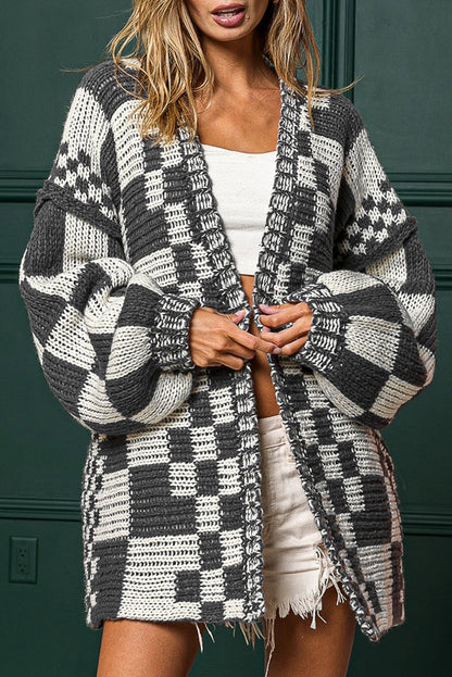 Dark Brown Colorblock Checked Loose Fit Open Front Knitted Cardigan Shewin