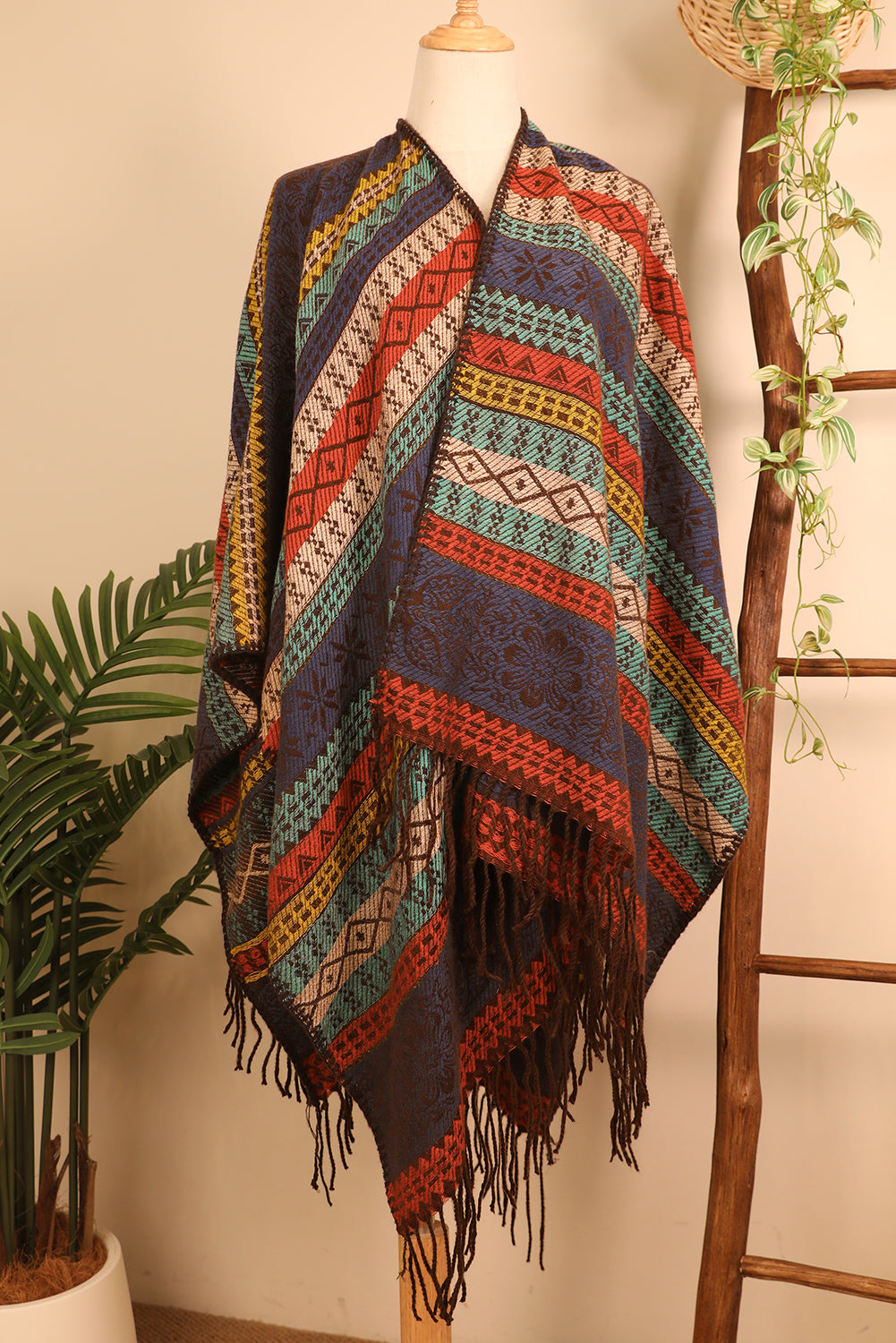 Light Blue Ethnic Print Tassel Trim Shawl Scarf Shewin