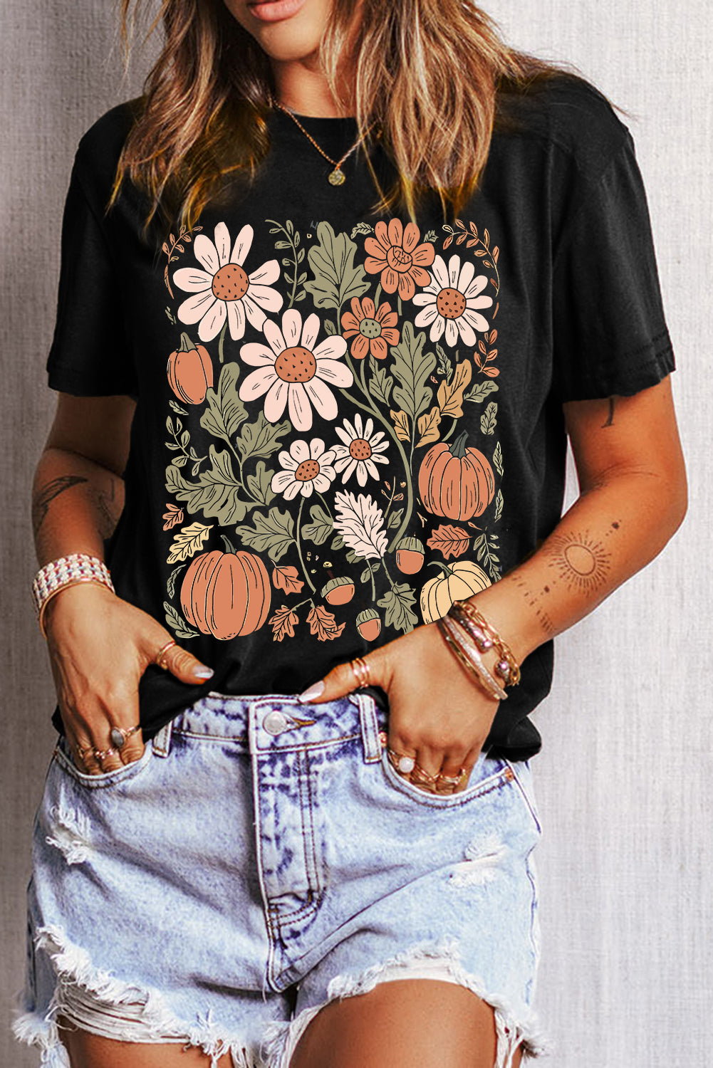 Black Wild Flower Pumpkin Print T Shirt Shewin