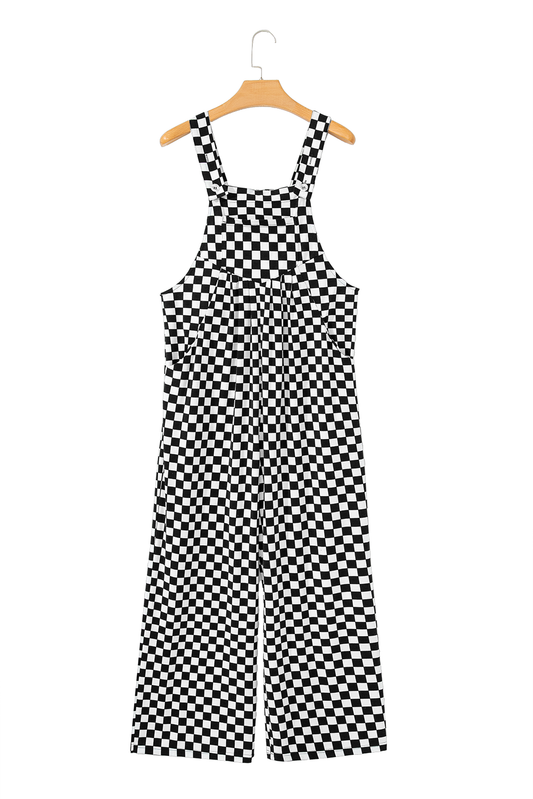 Black Checkered Print Pocketed Wide Leg Overall Shewin