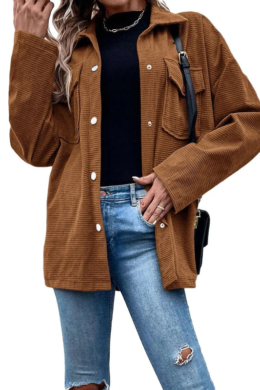 Brown Textured Flap Pocket Drop Shoulder Shacket Shewin