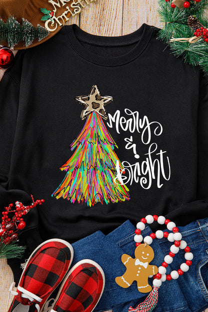 Black Merry Bright Christmas Tree Graphic Heat Transfer Printing Sweatshirt
