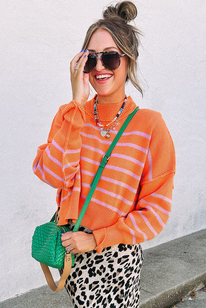 Orange Stripe Ribbed High Neck Drop Shoulder Boxy Fit Sweater Shewin