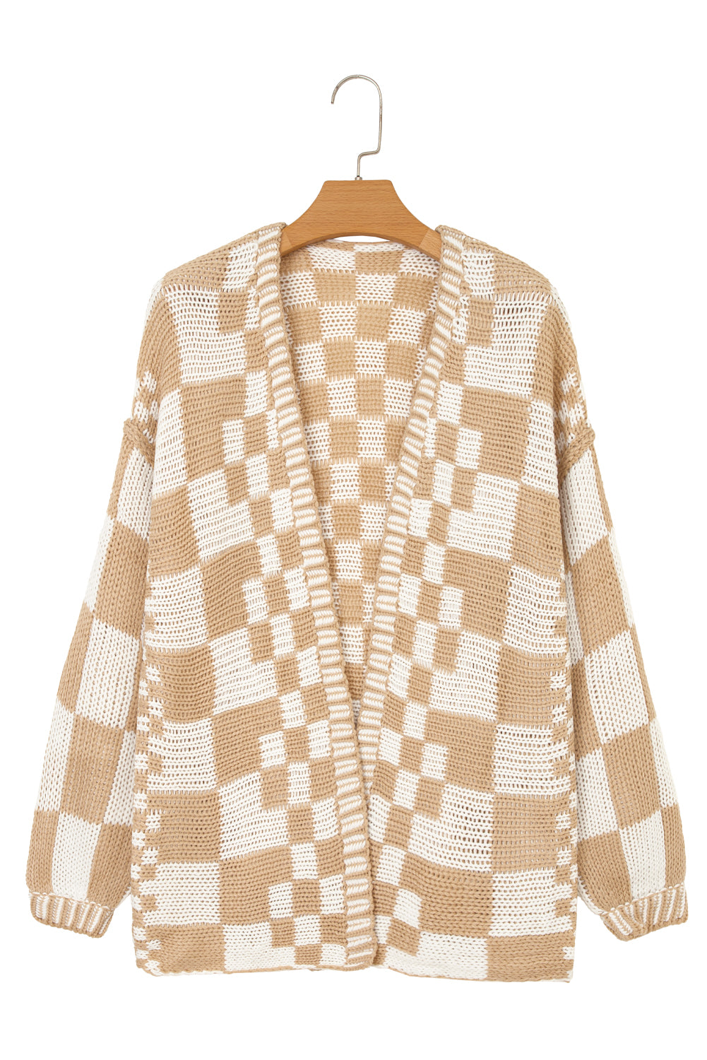 Dark Brown Colorblock Checked Loose Fit Open Front Knitted Cardigan Shewin