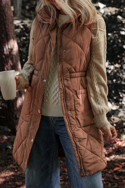 Coffee Puffer Quilted Stand Collar Pocketed Vest Coat Shewin