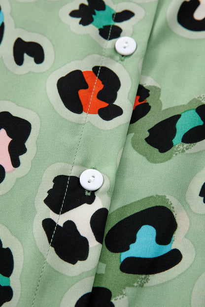 Green Leopard Print Short Sleeve Shirt and Wide Leg Pants Set Shewin