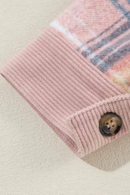Cinnamon Plaid Corduroy Patchwork Pocket Loose Shacket Shewin