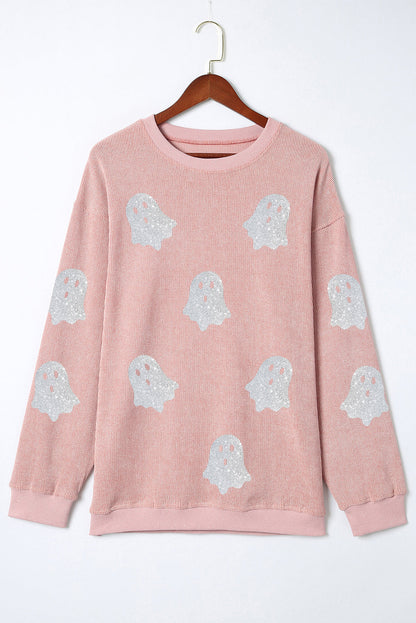 Black Halloween Ghost Corded Crew Neck Loose Sweatshirt Shewin