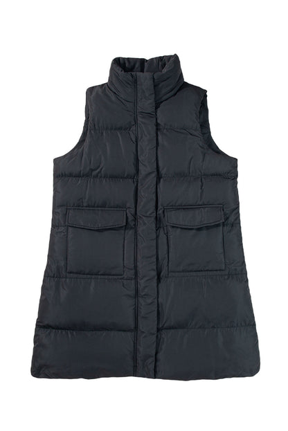 Black Solid Color Puffer Zip Up Pocketed Vest Coat Shewin