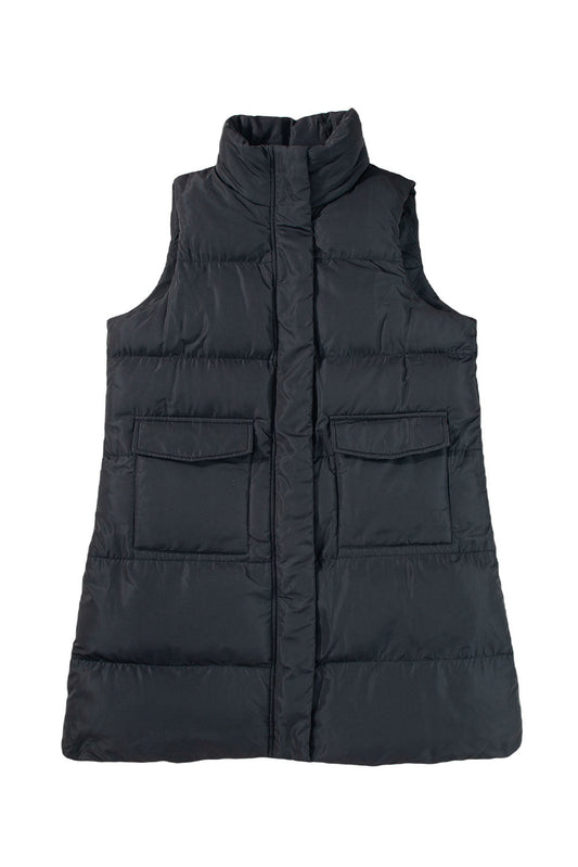 Black Solid Color Puffer Zip Up Pocketed Vest Coat Shewin