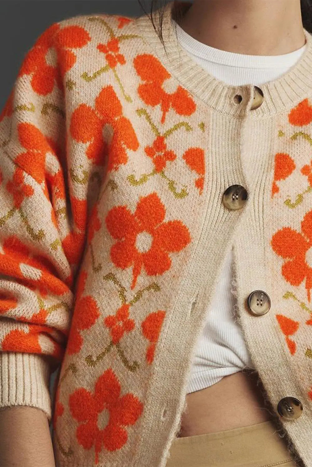 Orange Floral Button Round Neck Knit Cardigan Shewin