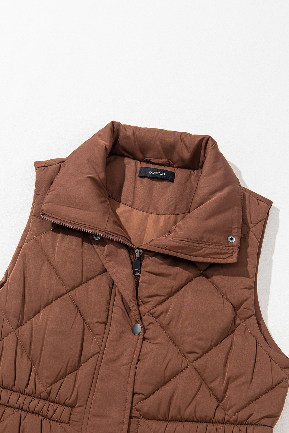 Coffee Puffer Quilted Stand Collar Pocketed Vest Coat Shewin
