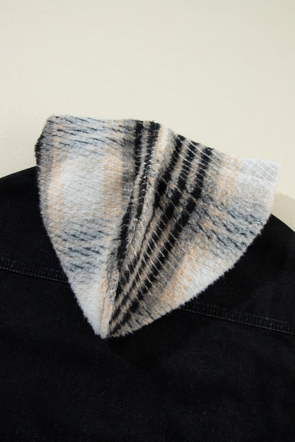 Black Patchwork Plaid Sleeve Frayed Hem Hooded Denim Jacket Shewin
