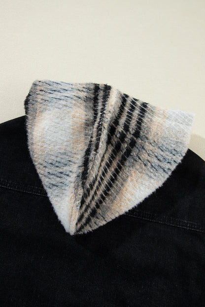 Black Patchwork Plaid Sleeve Frayed Hem Hooded Denim Jacket Shewin