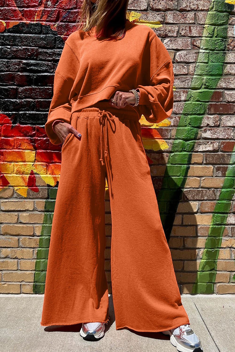 Flamingo Drop Shoulder Crop Pullover Drawstring Wide Leg Pants Set Shewin