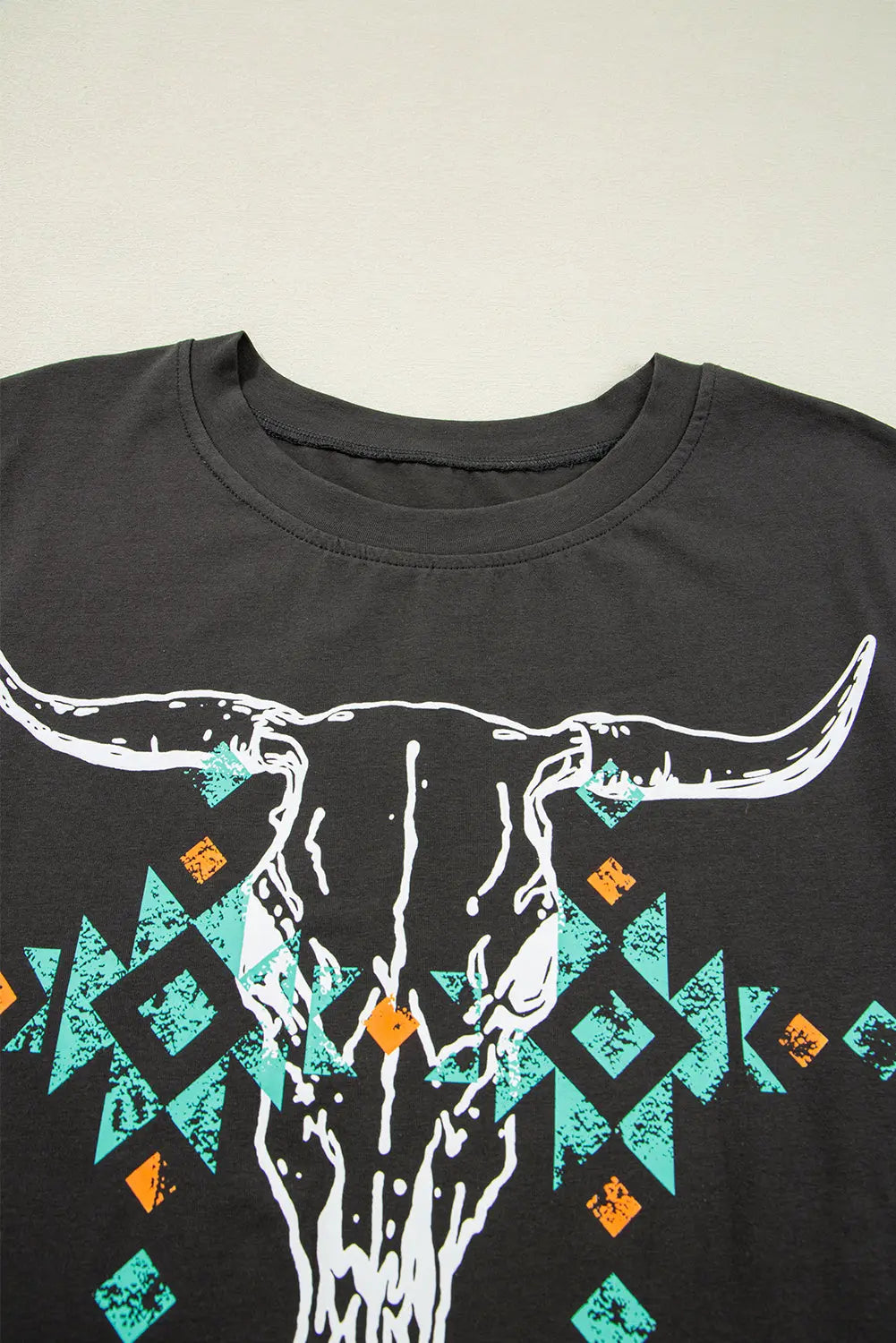 Carbon Grey Vintage Bull Head Skull Turquoise Geometric Graphic T Shirt Shewin