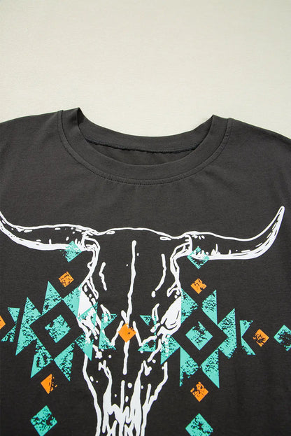 Carbon Grey Vintage Bull Head Skull Turquoise Geometric Graphic T Shirt Shewin