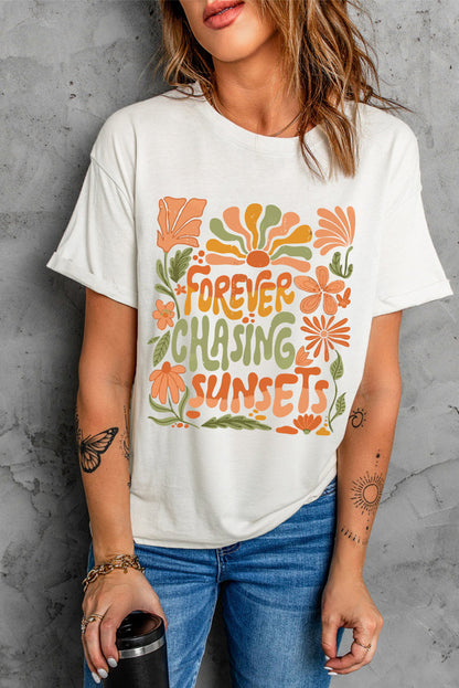 White FOREVER CHASING SUNSETS Floral Print T Shirt Shewin