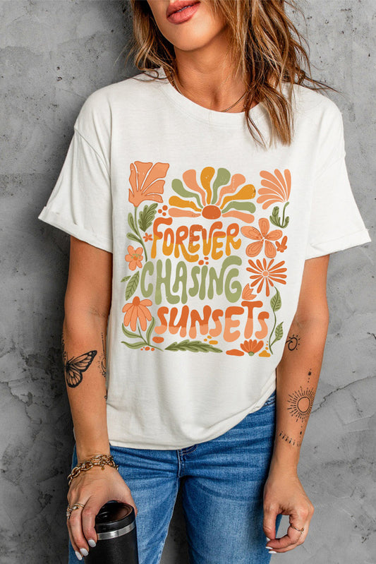 White FOREVER CHASING SUNSETS Floral Print T Shirt Shewin