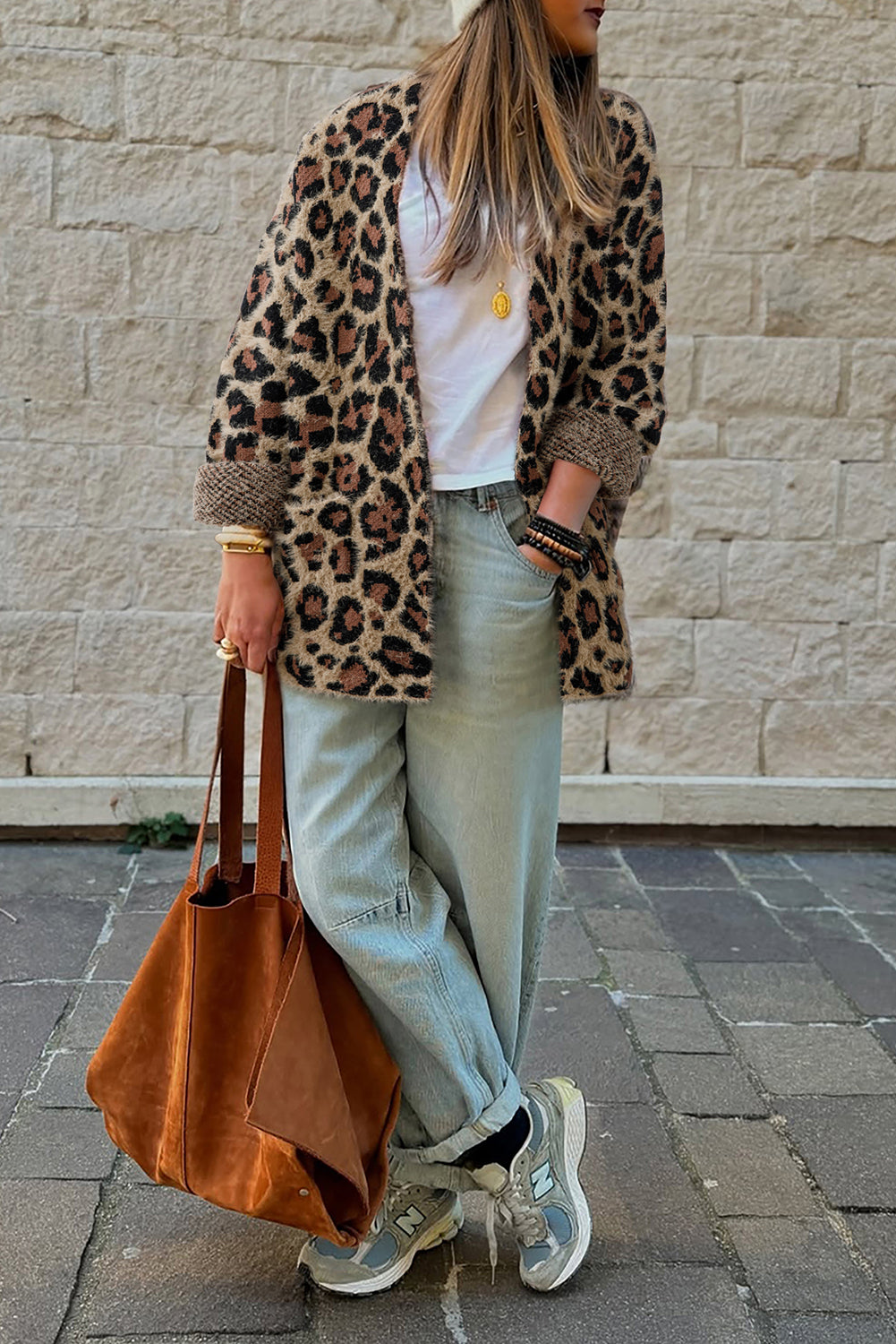 Brown Leopard Open Front Fuzzy Cardigan Shewin