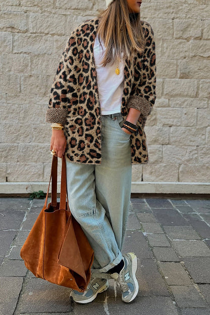 Brown Leopard Open Front Fuzzy Cardigan Shewin