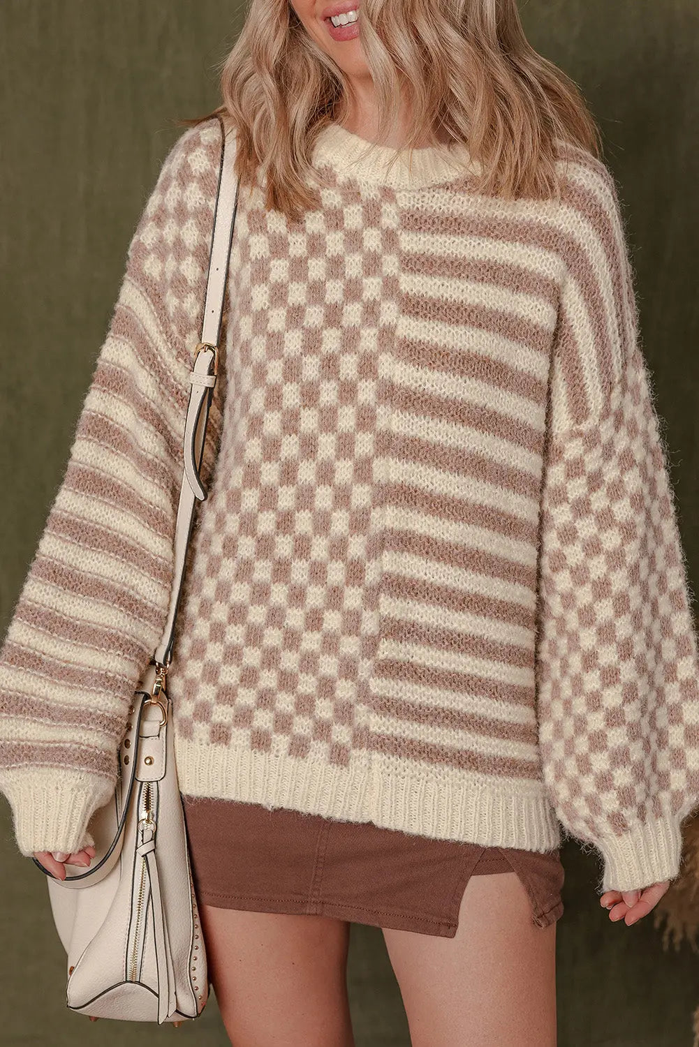 Khaki Stripe Checkerboard Drop Shoulder Balloon Sleeve Sweater Shewin