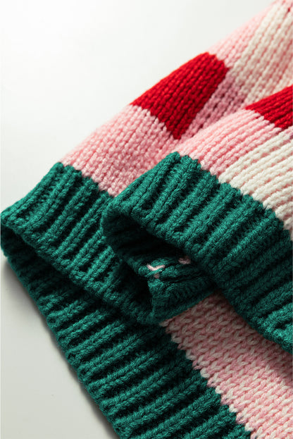 Pink Colorblock Checkered Open Front Knit Cardigan