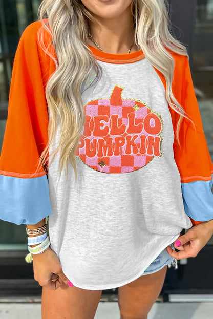 Light Grey HELLO PUMPKIN Patched Graphic Colorblock Raglan Sleeve Top Shewin