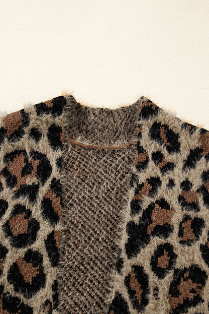 Brown Leopard Open Front Fuzzy Cardigan Shewin