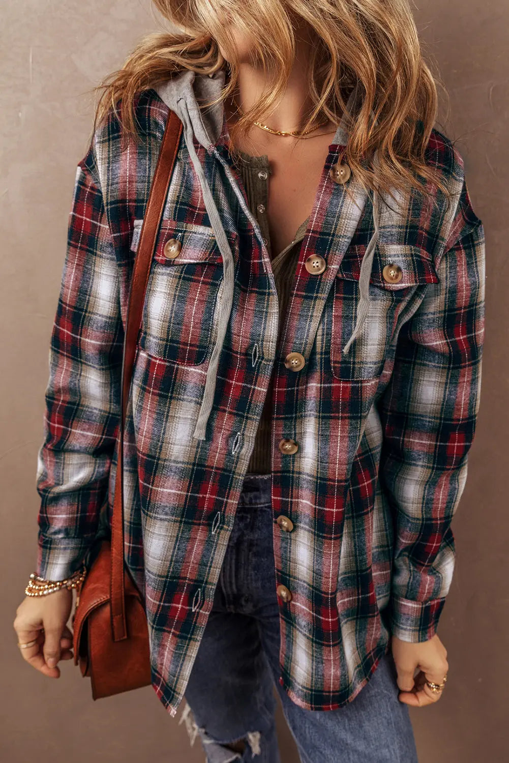 Red Plaid Print Chest Pocket Button Hooded Shacket Shewin