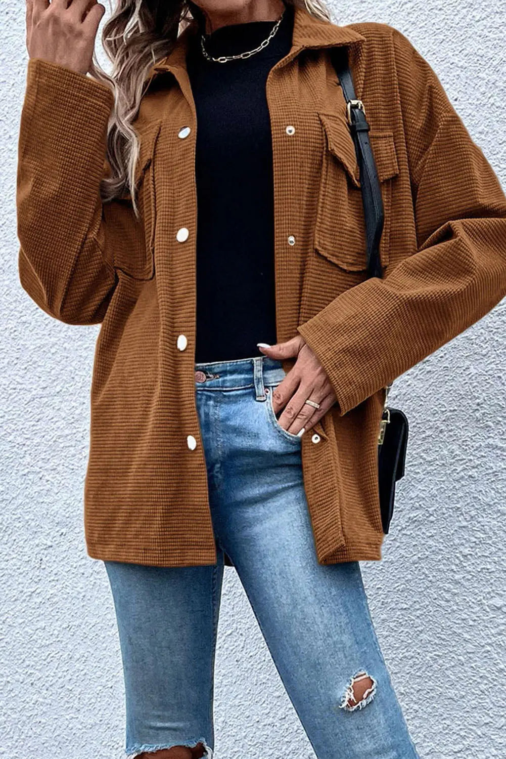 Brown Textured Flap Pocket Drop Shoulder Shacket Shewin