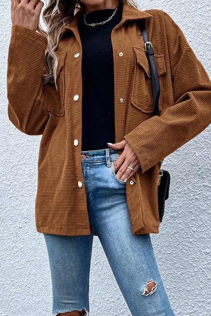 Brown Textured Flap Pocket Drop Shoulder Shacket Shewin