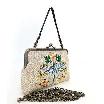 Dragonfly Embroidered Vintage-Style Kisslock Handbag : Beige