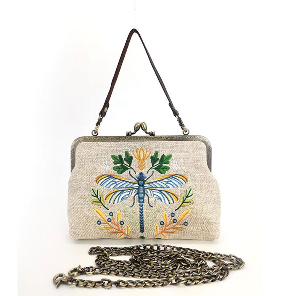 Dragonfly Embroidered Vintage-Style Kisslock Handbag : Beige Quirks!