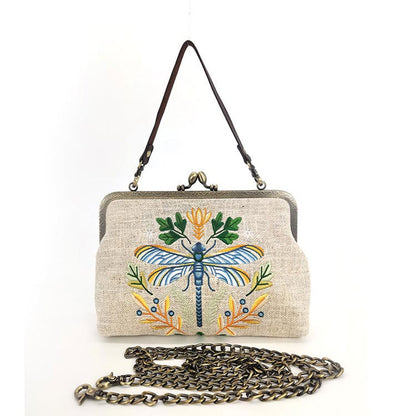 Dragonfly Embroidered Vintage-Style Kisslock Handbag : Beige Quirks!