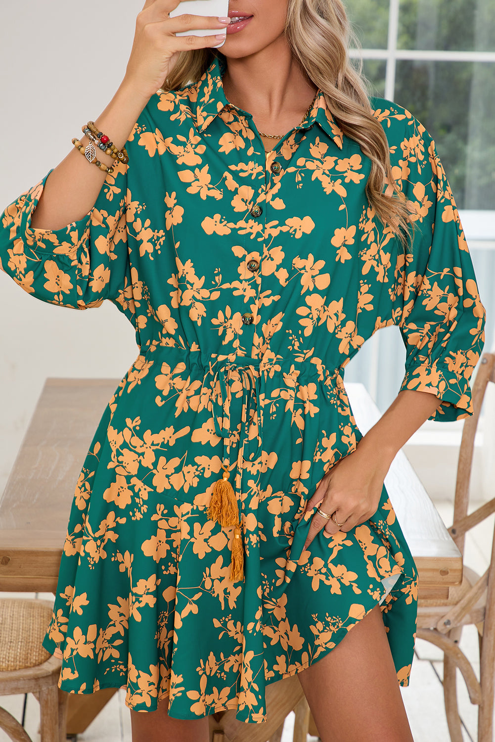 Green Floral Print Drawstring Flowy Short Dress Shewin