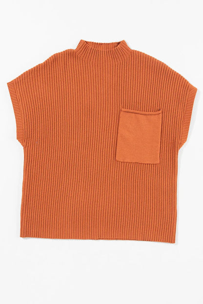Gold Flame Patch Pocket Ribbed Knit Short Sleeve Sweater Shewin