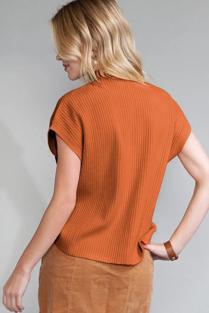 Gold Flame Patch Pocket Ribbed Knit Short Sleeve Sweater Shewin