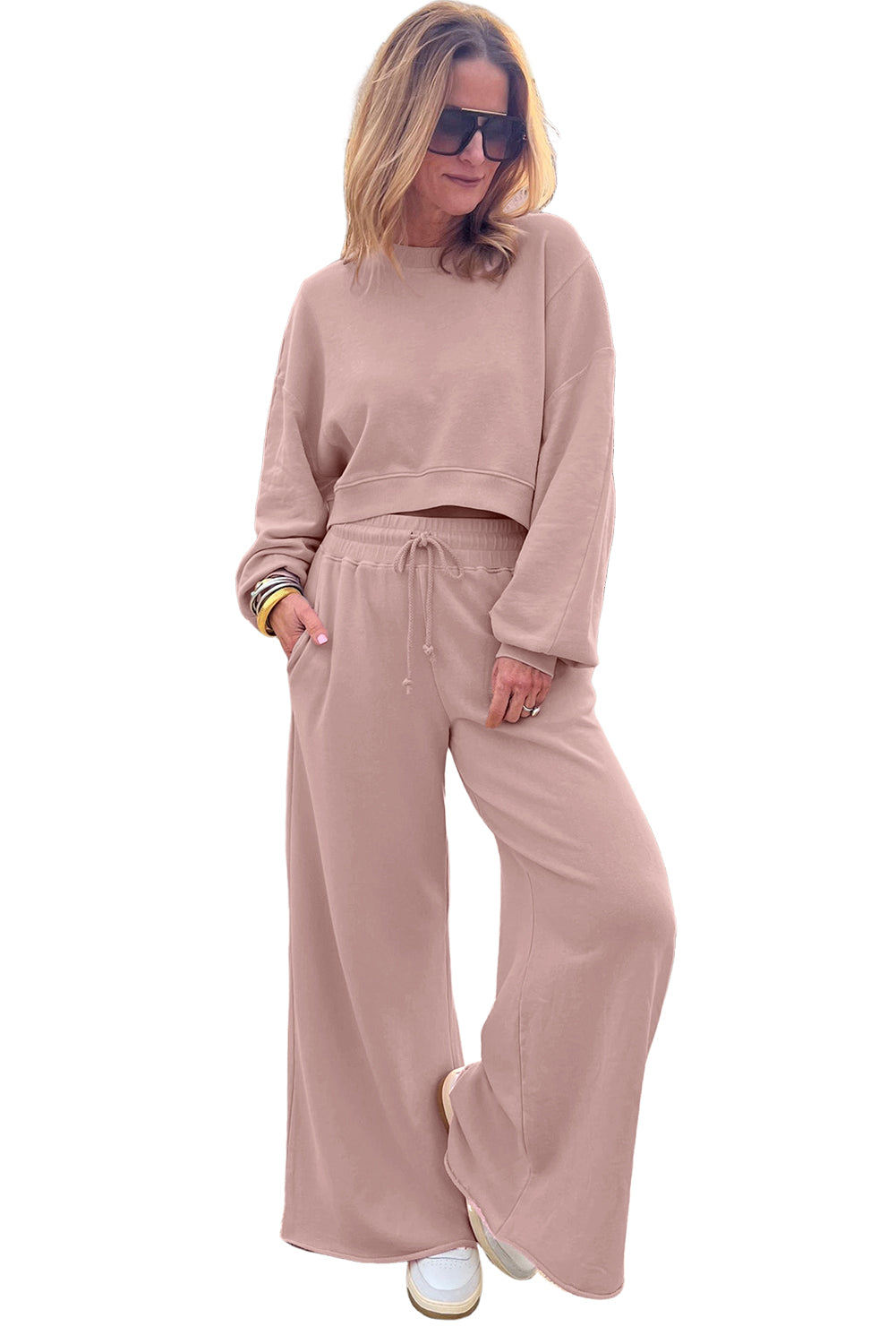 Flamingo Drop Shoulder Crop Pullover Drawstring Wide Leg Pants Set Shewin