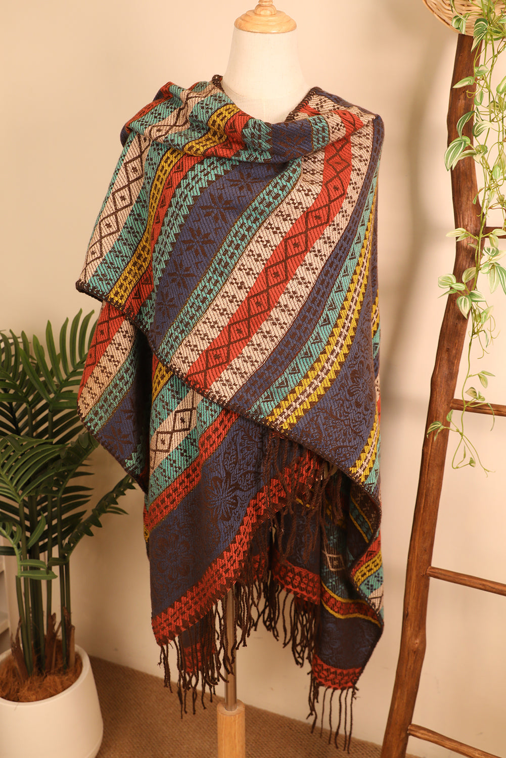 Light Blue Ethnic Print Tassel Trim Shawl Scarf Shewin