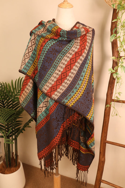 Light Blue Ethnic Print Tassel Trim Shawl Scarf Shewin