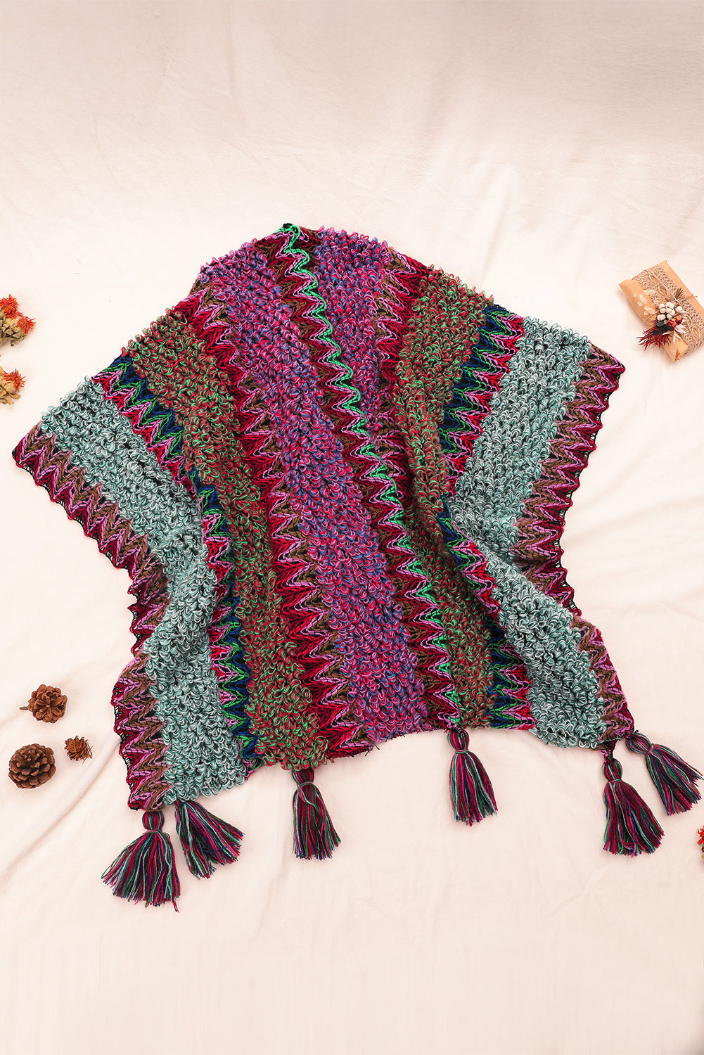 Rose Red Ethnic Tassel Knit Poncho Shewin