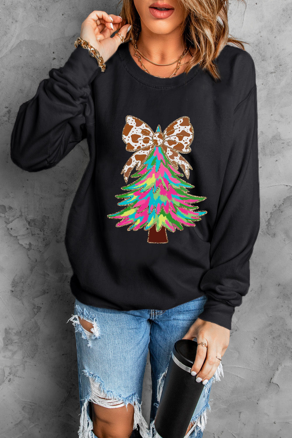 Black Shiny Bowknot Christmas Tree Graphic Heat Transfer Printing Round Neck Sweatshirt