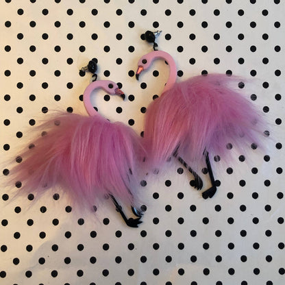 Pom Pom Fluff Pink Flamingo Earrings, Laser Cut Acrylic, Plastic Jewelry Quirks!
