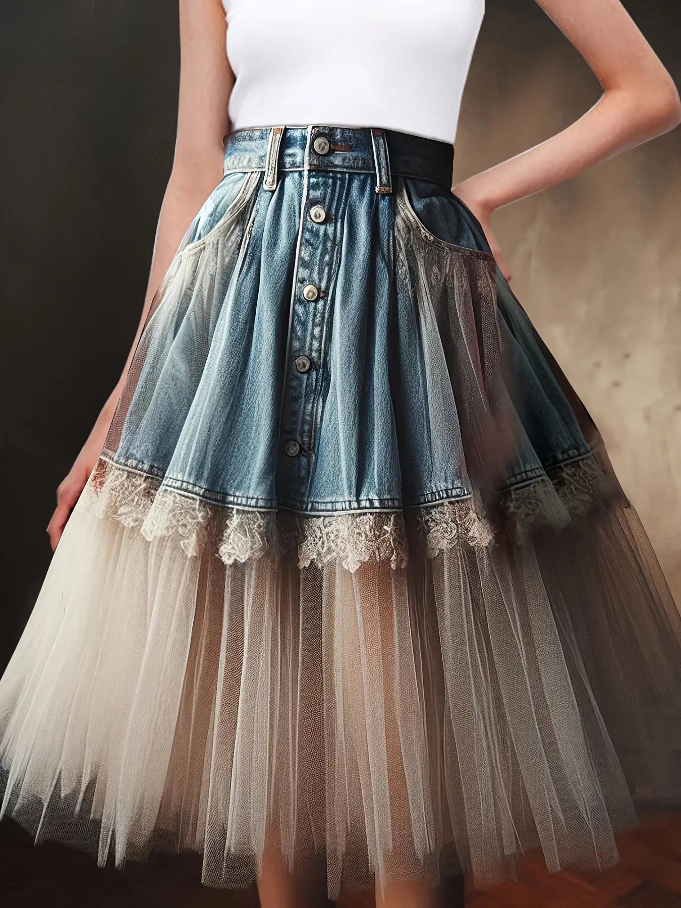 High Waisted Denim Lace Tulle Chiffon Artisan Skirt Creative Freedom Collective