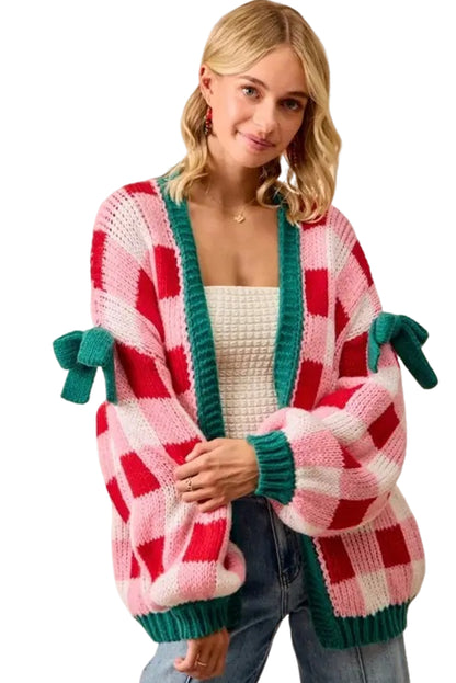 Pink Colorblock Checkered Open Front Knit Cardigan