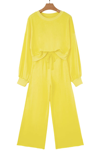 Flamingo Drop Shoulder Crop Pullover Drawstring Wide Leg Pants Set Shewin