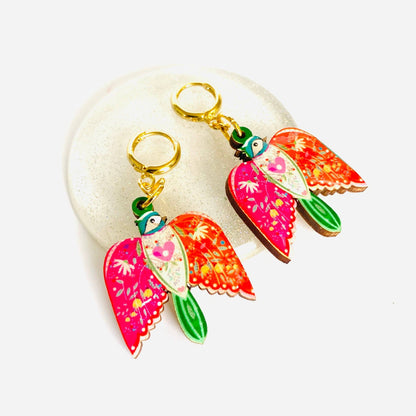 Large Bird Dangle Earrings on Huggie Hoops by Rosie Rose Parker Quirks!
