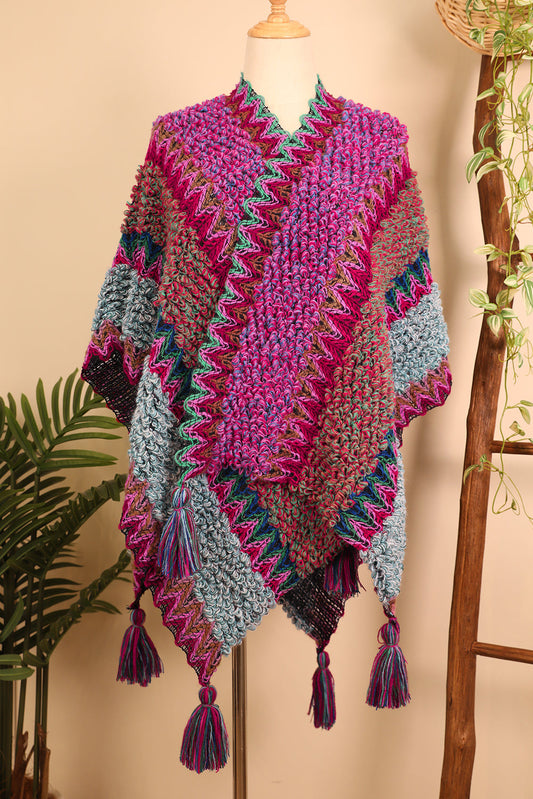 Rose Red Ethnic Tassel Knit Poncho Shewin