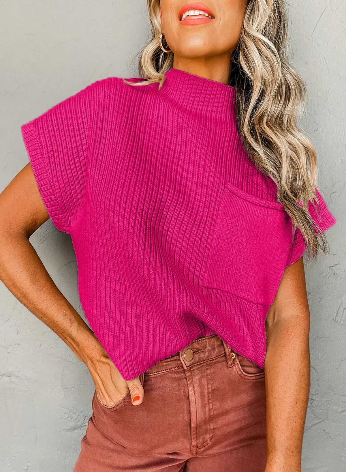 Gold Flame Patch Pocket Ribbed Knit Short Sleeve Sweater Shewin